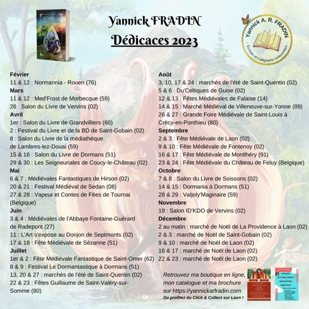 Liste des dates et lieux de dédicaces de Yannick A. R. FRADIN pour l'année civile 2023